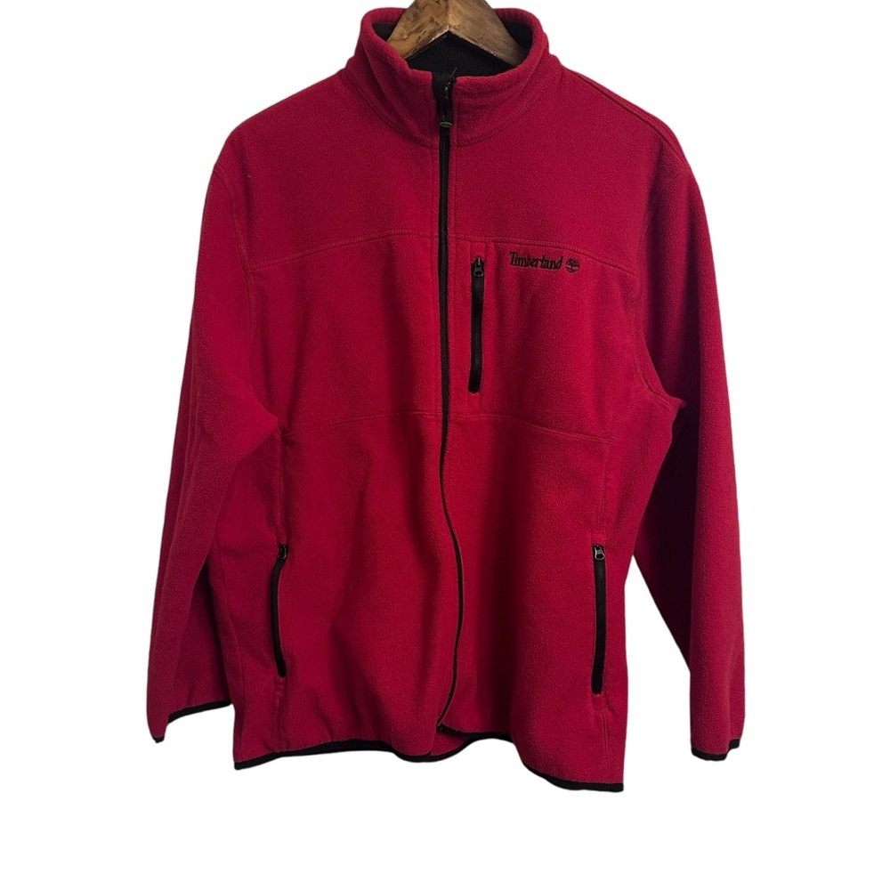Timberland Full Zip Fleece Jacket Sweatshirt Men’s Large Red Pockets Spell Out
